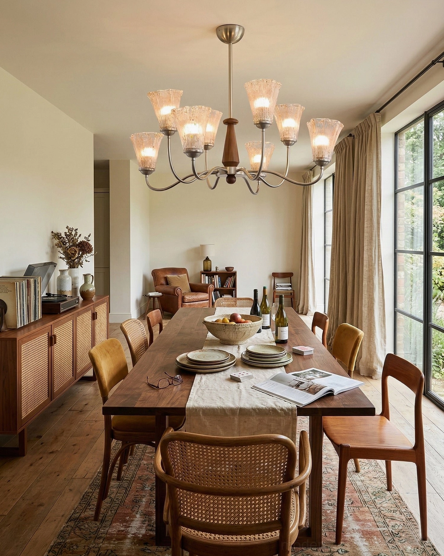 Mid-Century Chandelier Mounted in Formal Dining Room with Walnut Dining Set - Warm Ambient Lighting