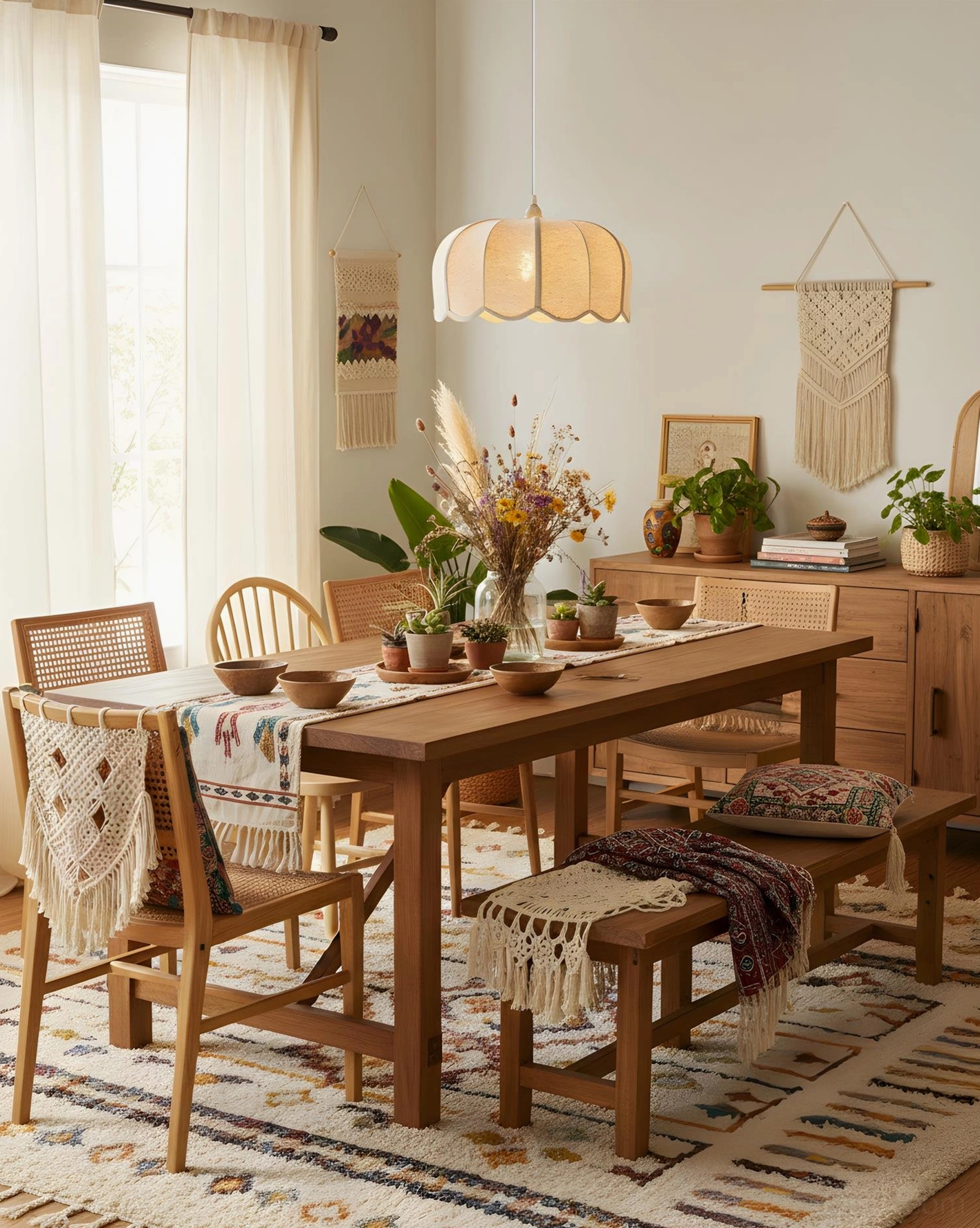 Fabric scalloped pendant lamp suspended above rustic wooden dining table in farmhouse setting