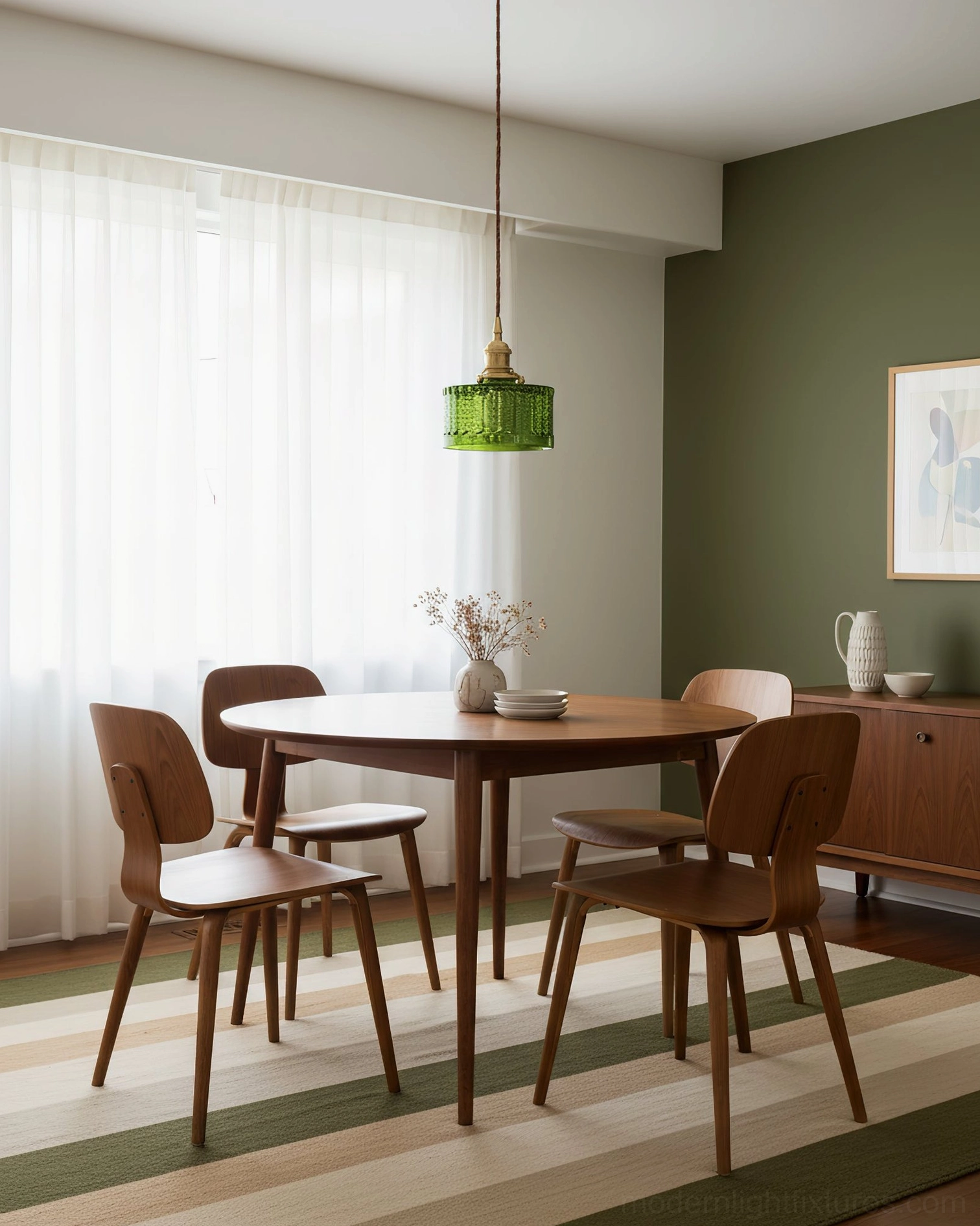 Matched vintage green pendant lights in warm wooden dining room with striped area rug - dining setup