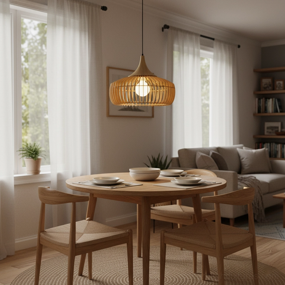 Warm wood slat pendant lamp hanging above round dining table, Japandi interior styling