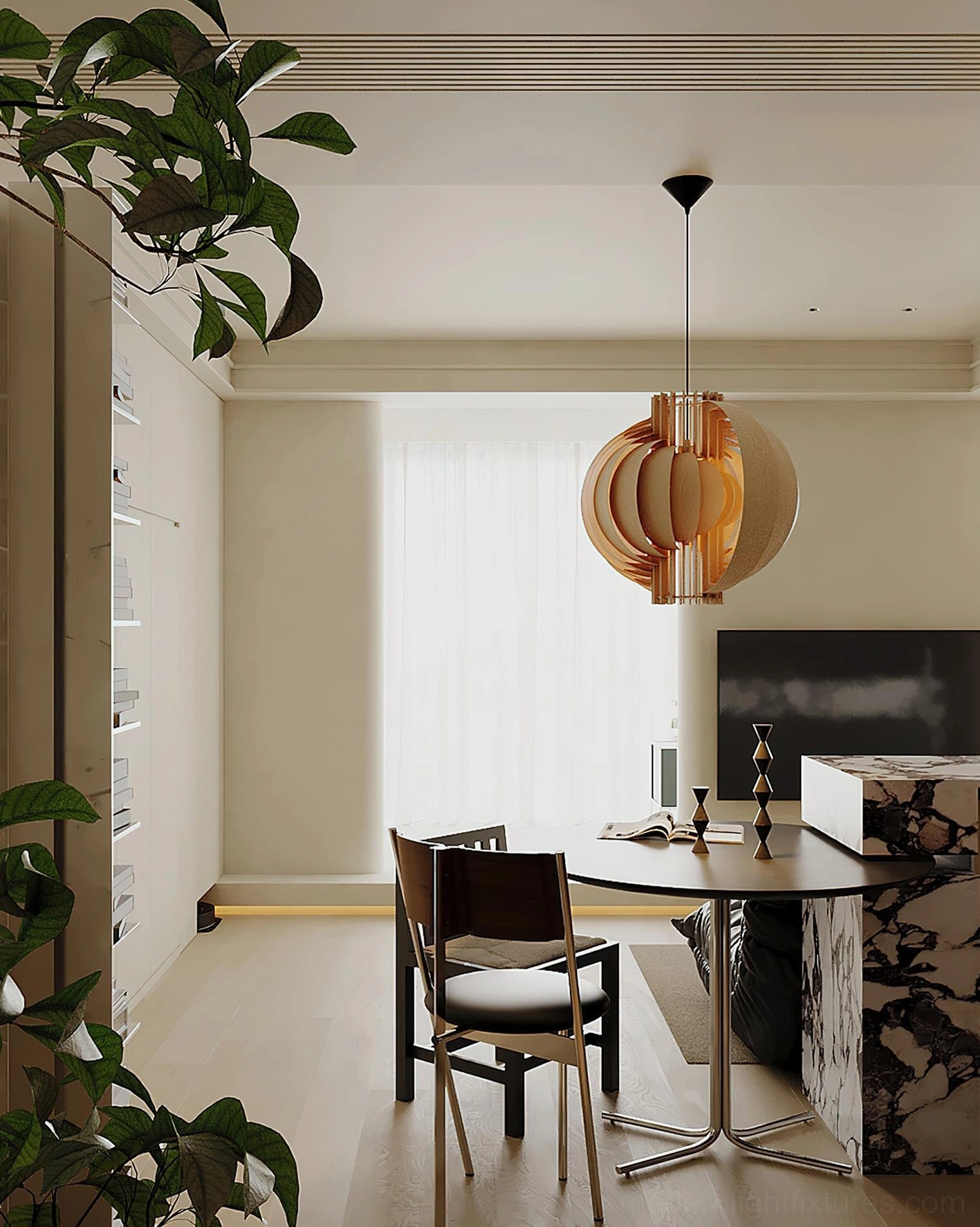 Wood sphere pendant light installed in contemporary dining room creating warm ambient illumination above table