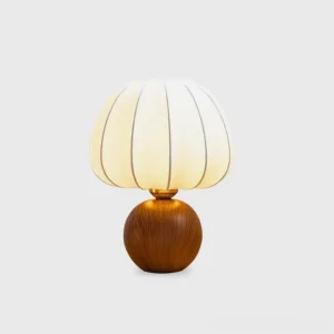 Dion walnut wood table lamp with pleated silk shade front view modern design lighting fixture