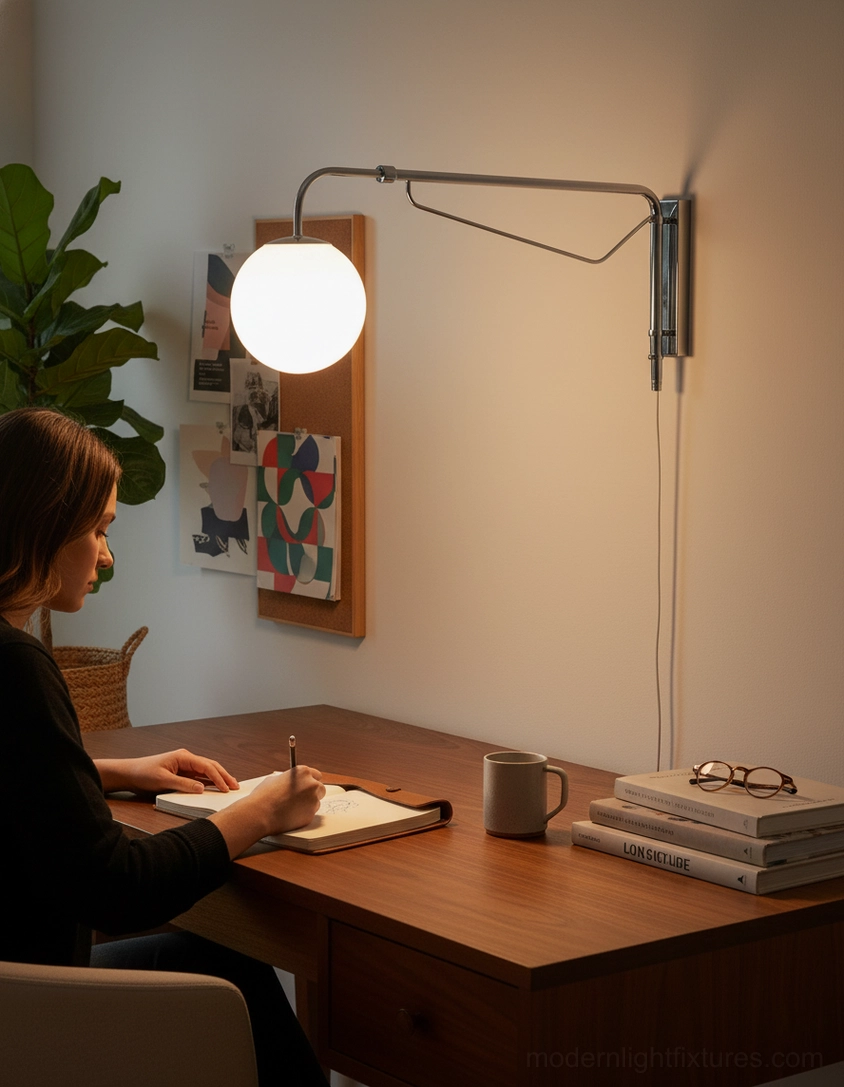 Dione plug-in wall sconce minimalist design sleek chrome arm adjustable positioning detail