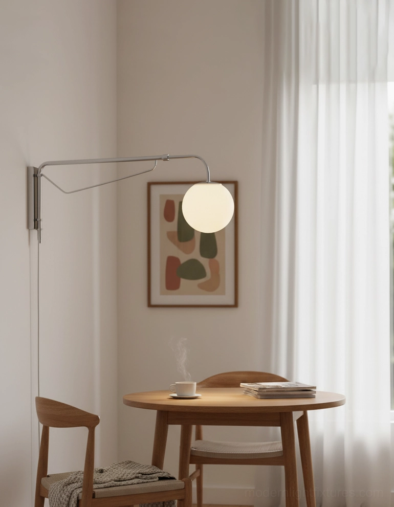 Dione swing arm wall sconce casual dining corner interior with framed artwork modern design