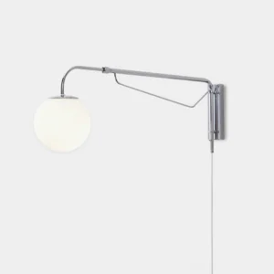 Dione adjustable swing arm wall sconce with chrome metal arm and frosted acrylic globe shade, side angle close-up detail view