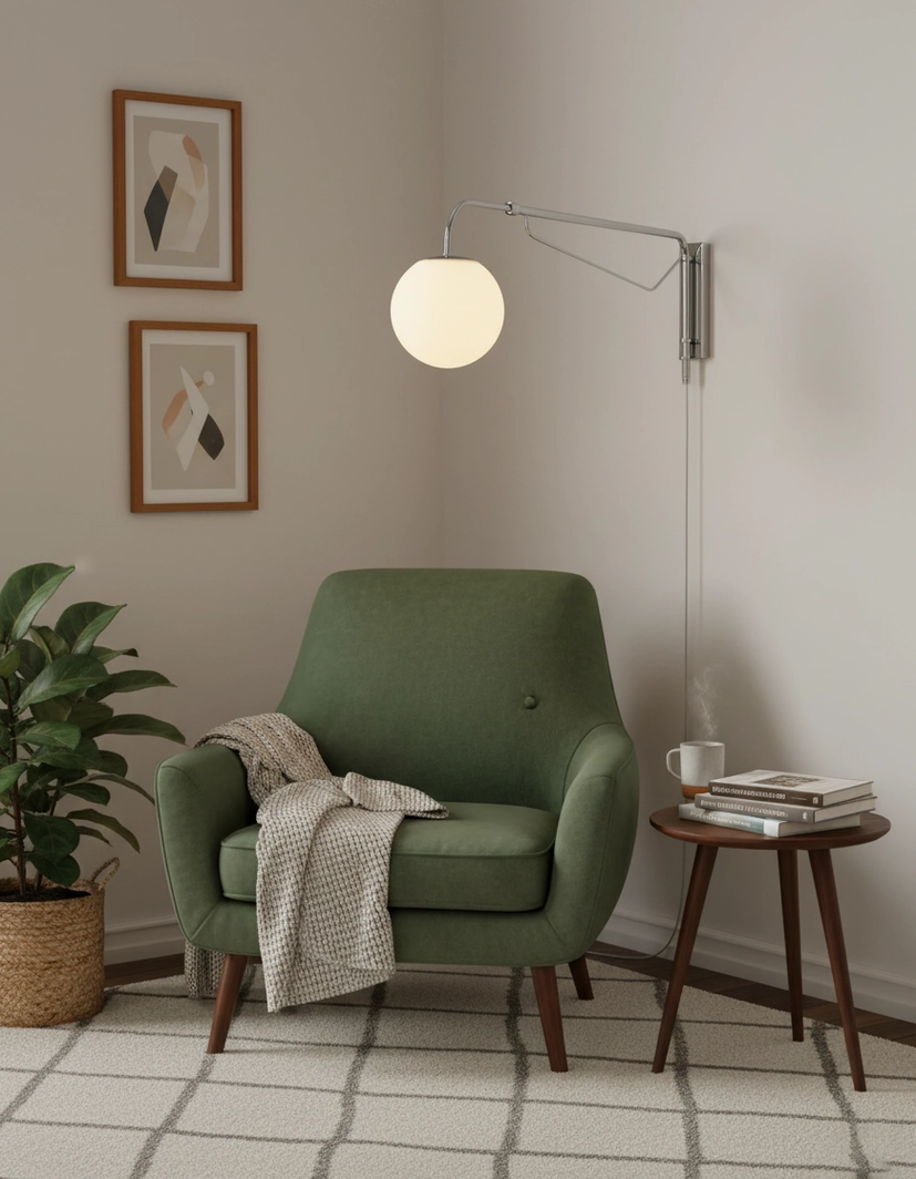 Dione wall mounted swing arm lamp living room lounge green armchair side table potted plant