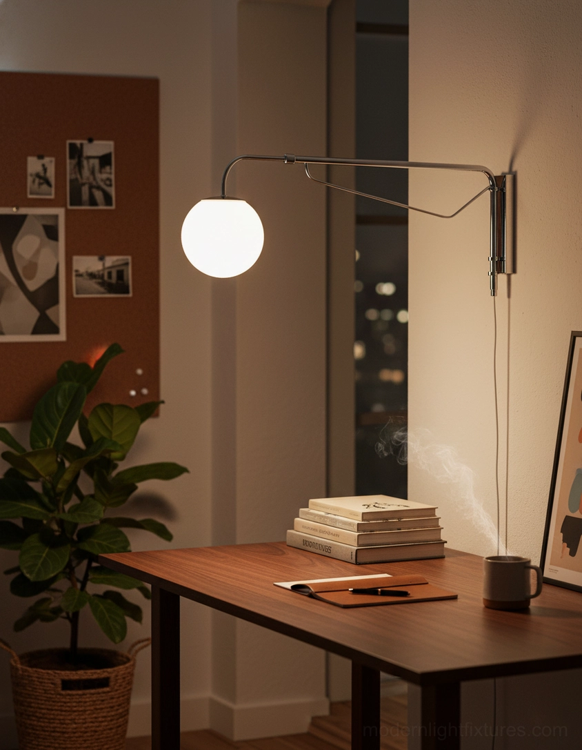 Dione swing arm wall lamp white color option frosted acrylic sphere shade modern aesthetic
