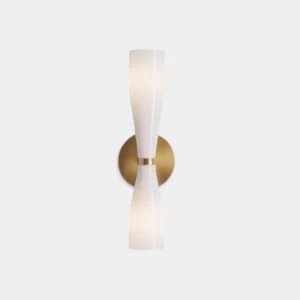 Diora dual-head wall sconce with brass base and frosted white hourglass glass shades, modern minimalist design studio shot