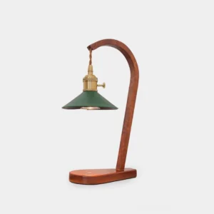 Diosa candle warmer table lamp with fabric shade and wood base in gold finish, studio product photo