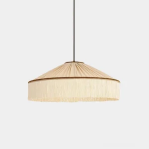 Diosa pleated fabric pendant lamp with tassel trim, front view studio shot showing beige fabric shade with dark brown hem detail