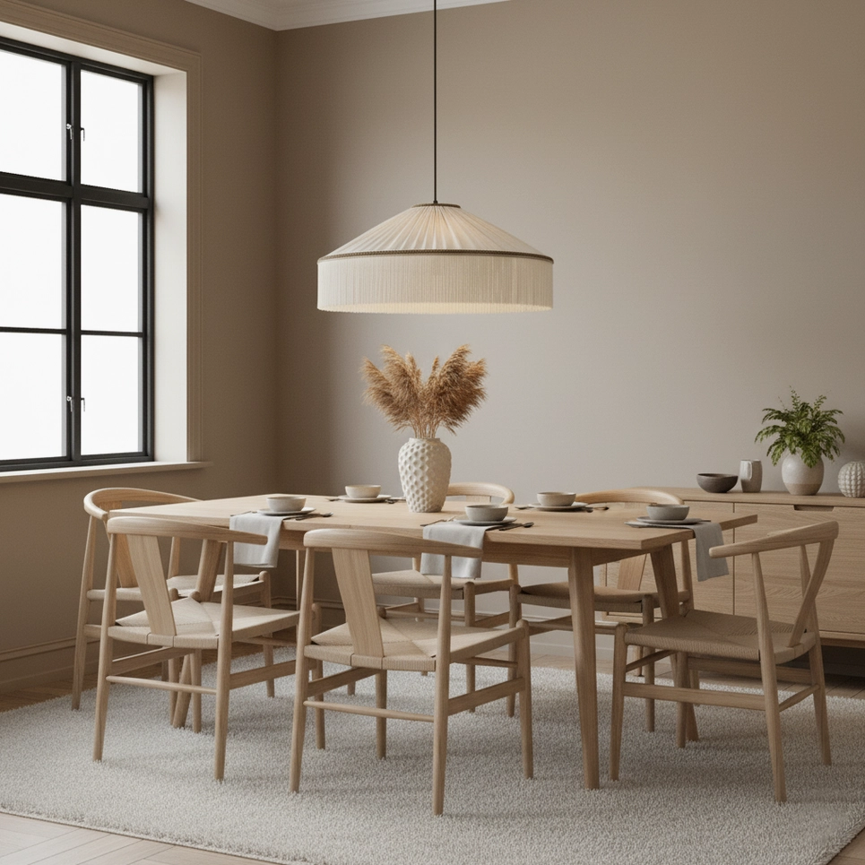 Diosa pendant lamp in Nordic rustic dining area with wooden table and minimalist decor, family dining space lighting