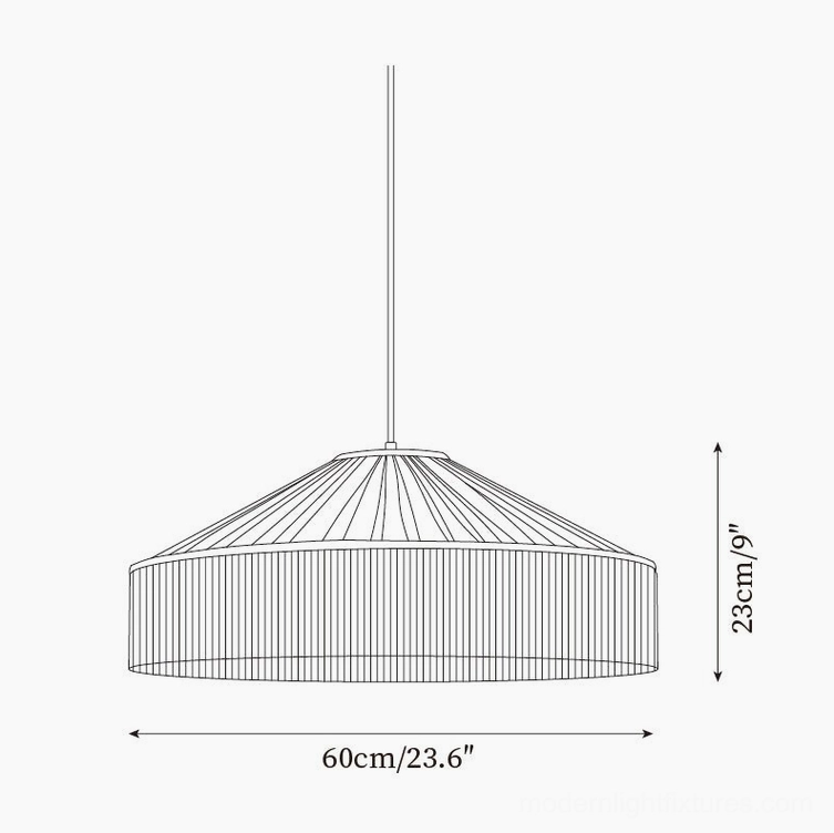 Diosa fabric pendant lamp 60cm diameter technical line drawing with 23.6 inches width and 9 inches height measurements