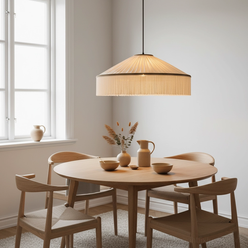 Diosa fabric pendant light mounted above dining table in residential interior, warm neutral tones with wooden furniture