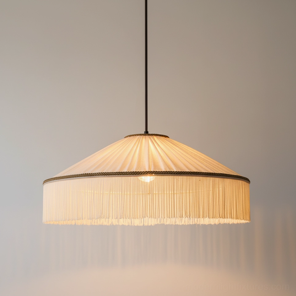 Illuminated Diosa fabric pendant lamp emitting warm yellow light, pleated beige fabric with tassel trim, oblique angle view