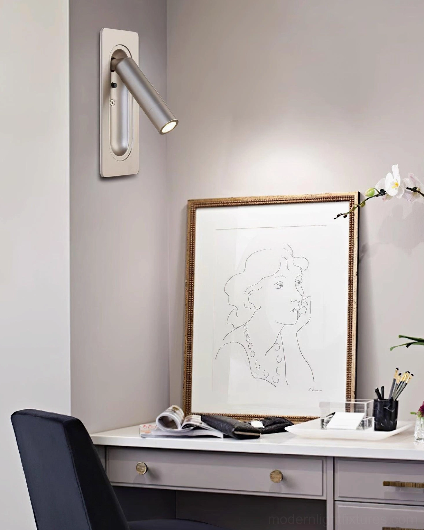 Modern bedroom interior with directional recessed wall lamp providing precise illumination for nighttime reading comfort