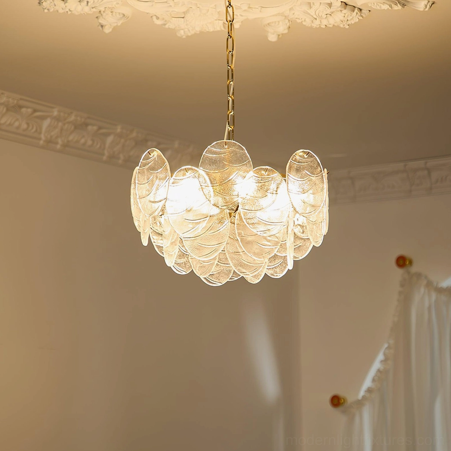 Bottom view looking up at disc Victorian glass chandelier showing panel arrangement