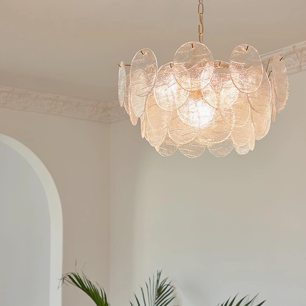 Disc Victorian glass chandelier showing adjustable hanging chain and socket configuration
