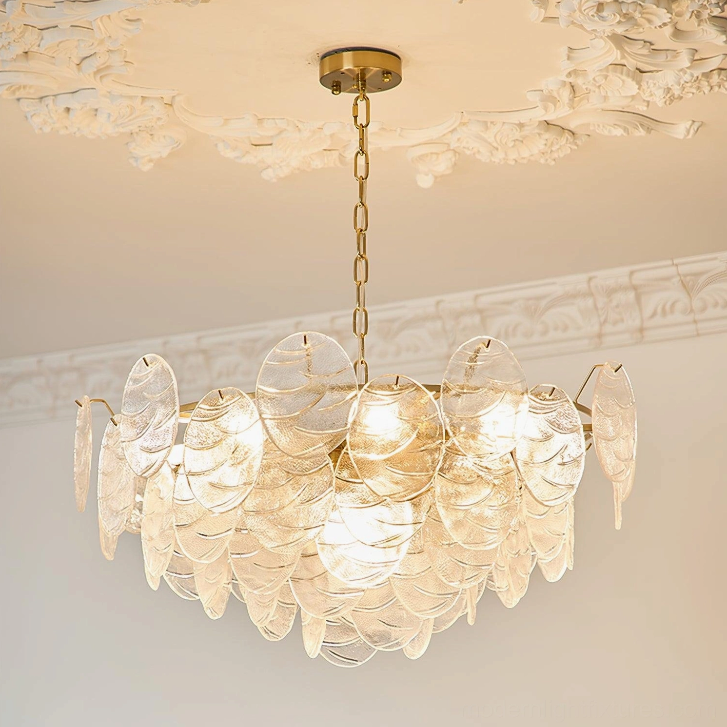 Disc Victorian glass chandelier in industrial chic loft with geometric metal hardware