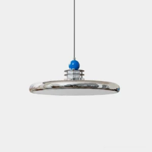 Disc pendant light with polished chrome finish and blue spherical finial accent displayed against pure white background