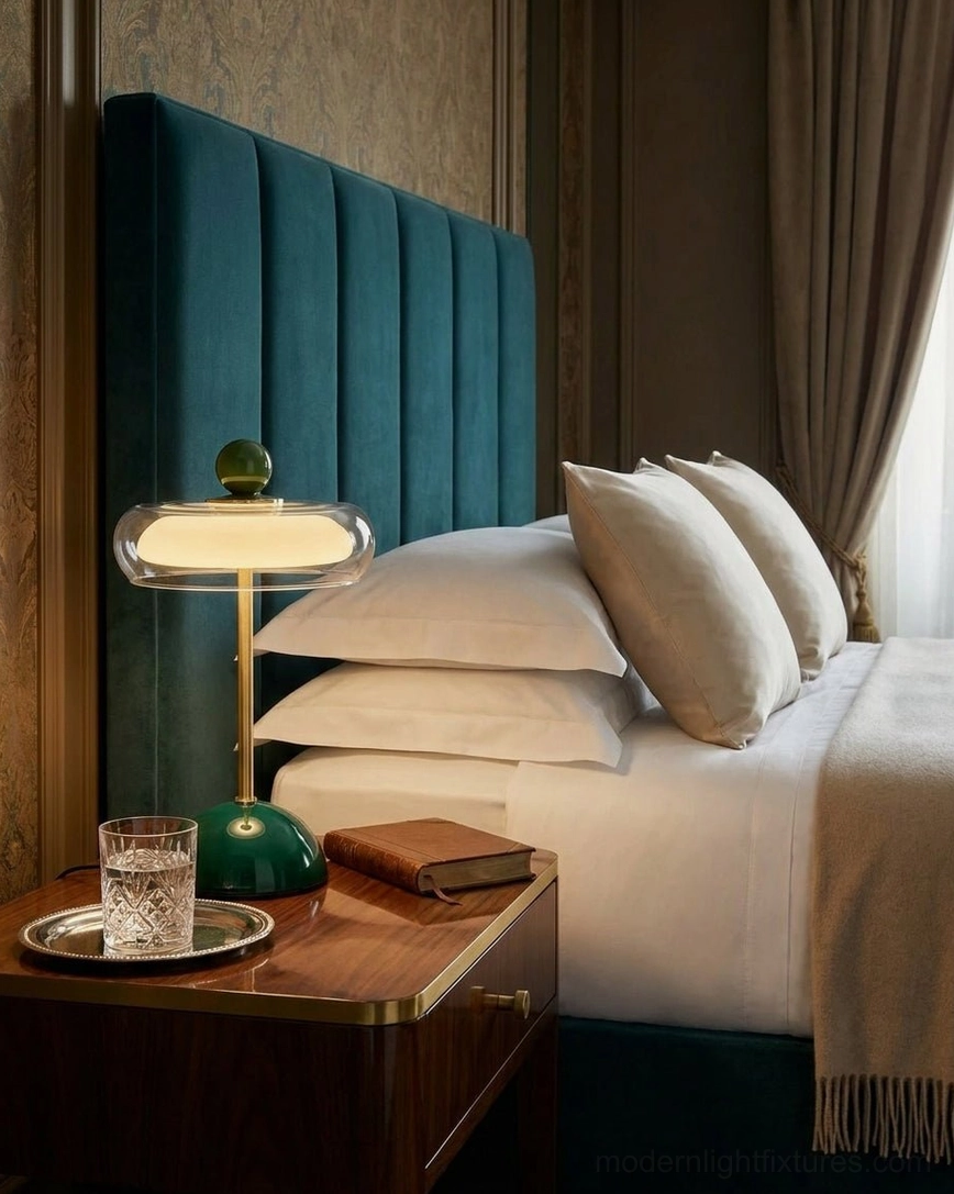 Disc table lamp on bedroom nightstand with velvet headboard - warm accent lighting for sleep space