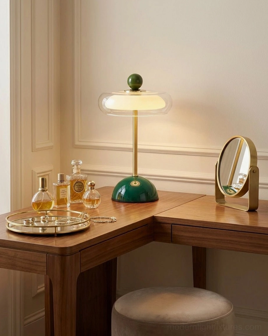 Disc table lamp on wood vanity with mirror and perfume - bedroom vanity workspace ambient light