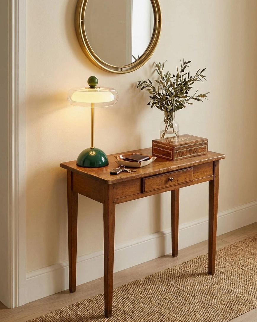 Minimalist disc table lamp on entryway console with wooden furniture - eye-level side view