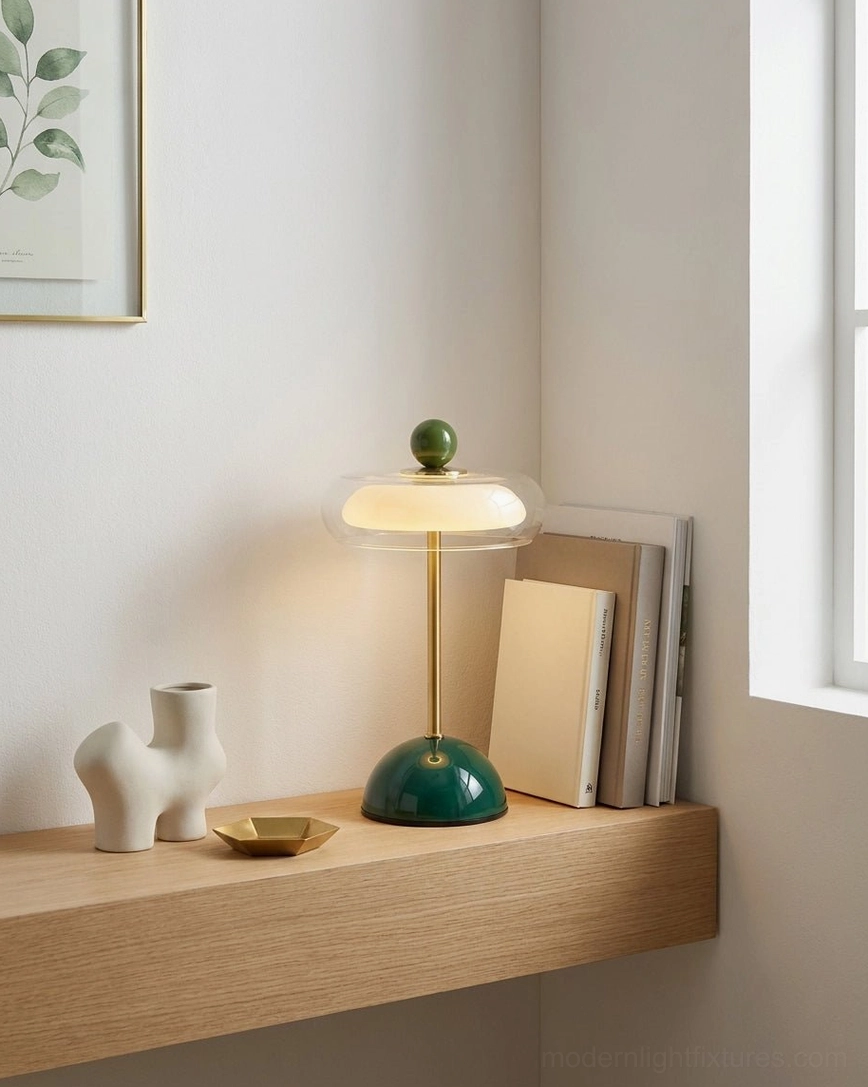 Disc table lamp on floating shelf with books and ceramic decor - minimalist shelving styling and display