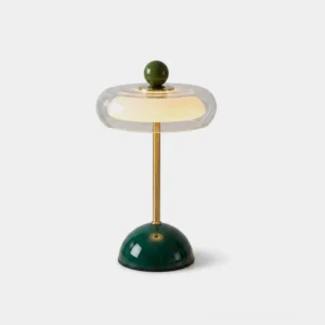 Disc table lamp with green base and gold stem on white background - front view showing clear glass saucer shade
