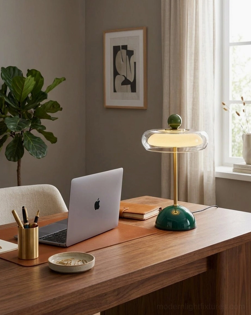 Disc table lamp on home office work desk three-quarter view - laptop and stationery on wooden surface