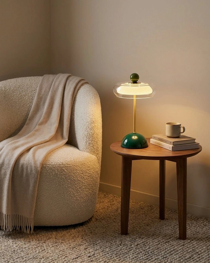 Disc table lamp next to boucle armchair on living room side table - contemporary accent lighting scene
