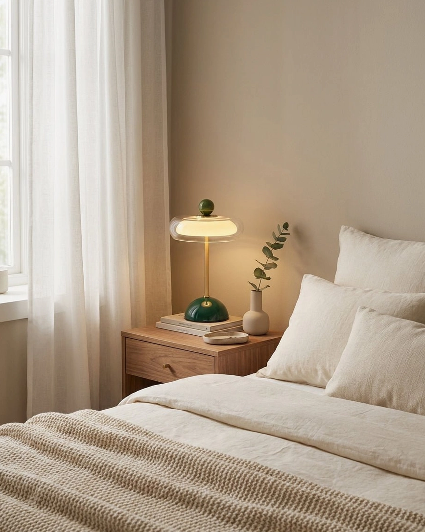 Disc table lamp on master bedroom bedside with neutral bedding and sheer curtains - soft ambient glow
