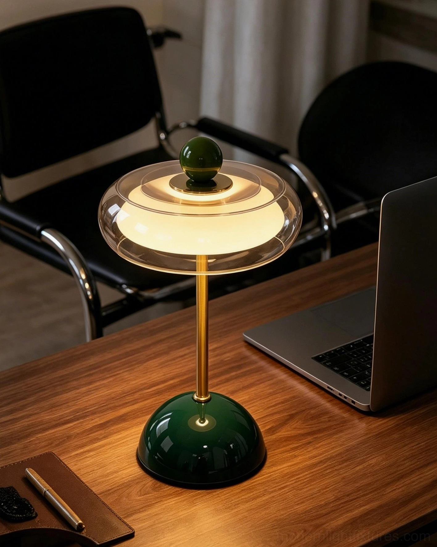 Disc table lamp on home office desk next to laptop - mid-century modern table lighting on walnut wood workspace