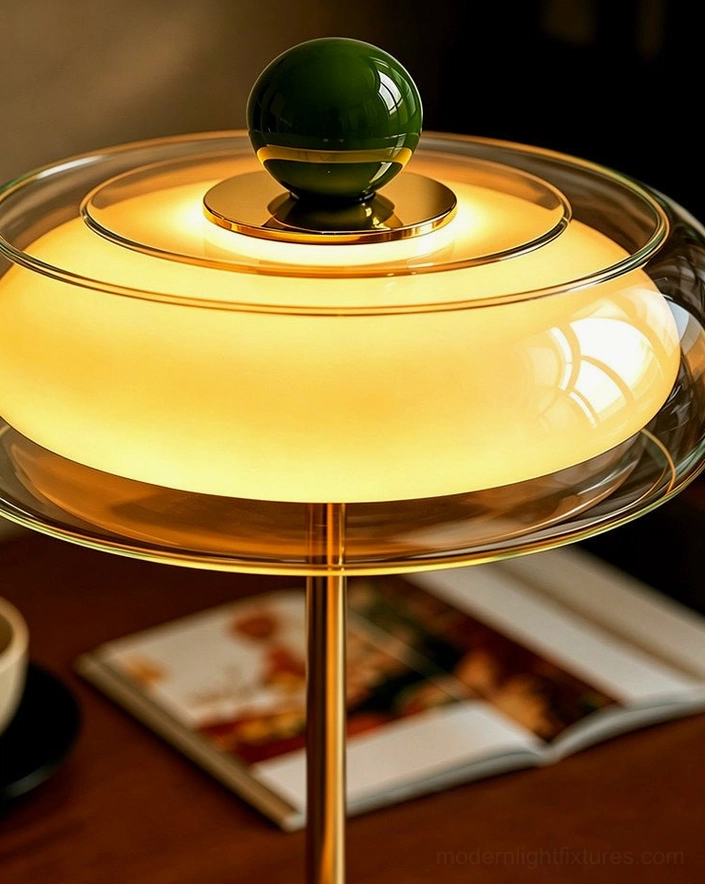 Disc table lamp installed on nightstand showing warm-white LED glow at night - ambient light effect