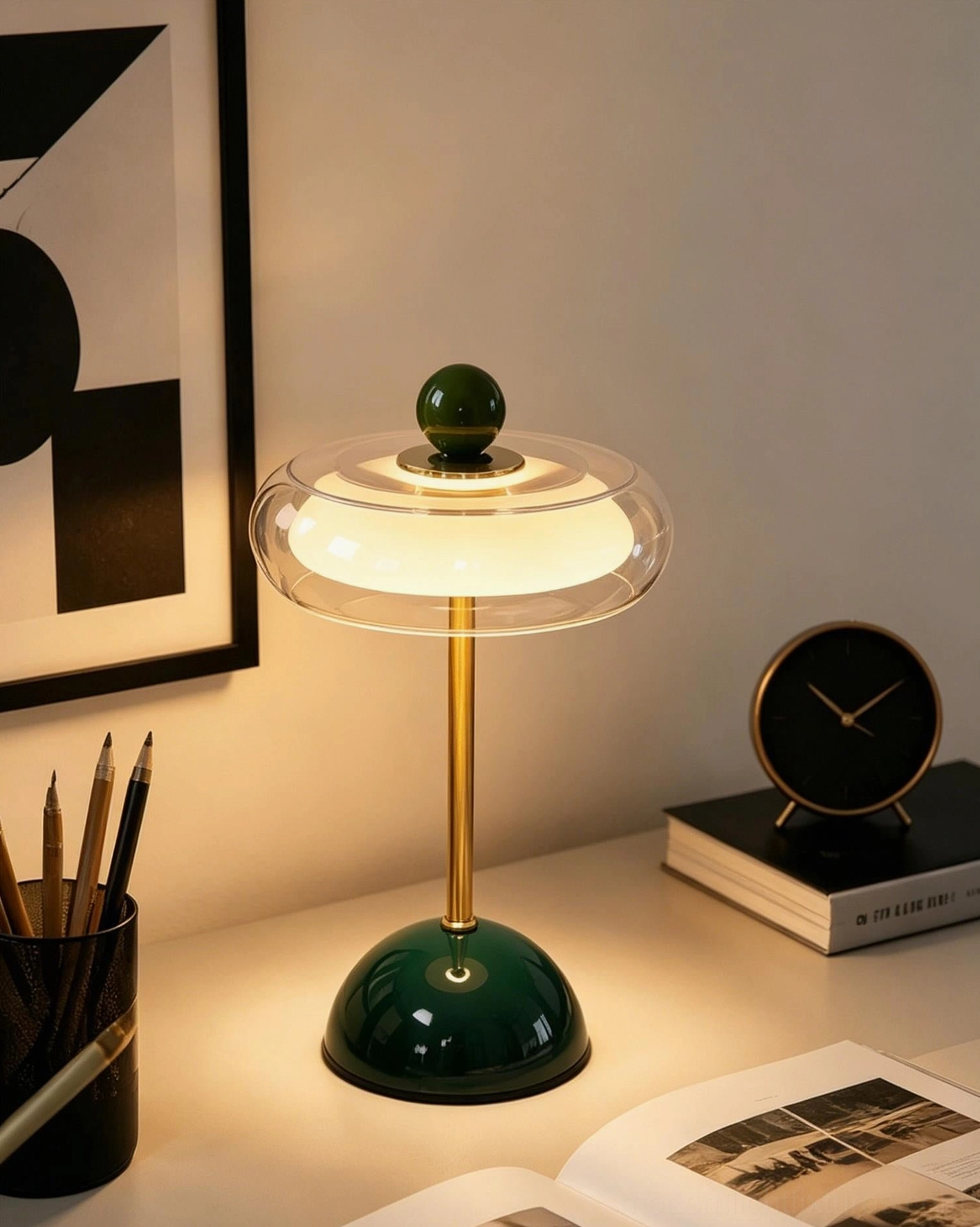 Disc table lamp USB power cable and push-button switch detail - connectivity and control features