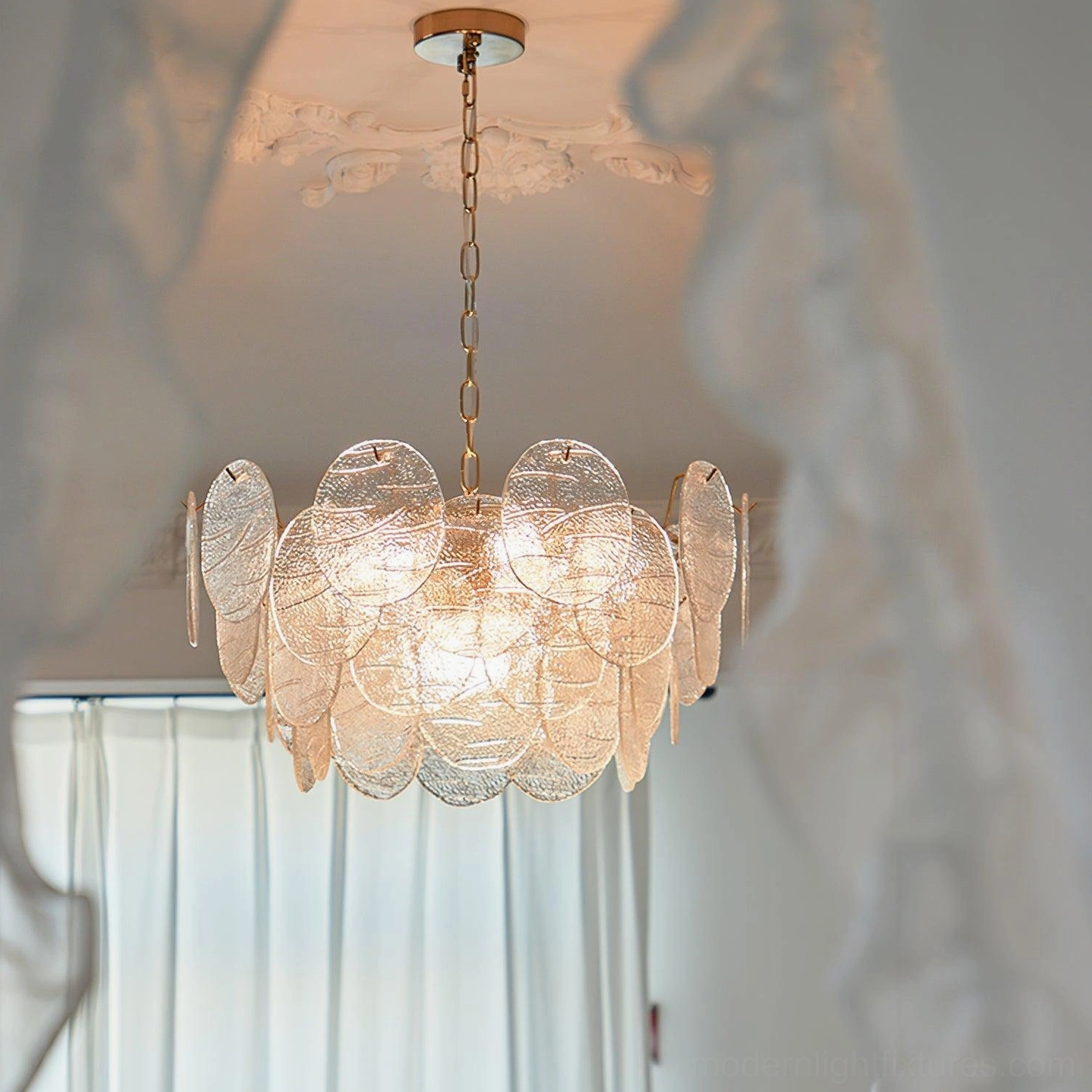 Gold disc Victorian glass chandelier hardwired professional installation in high ceiling foyer