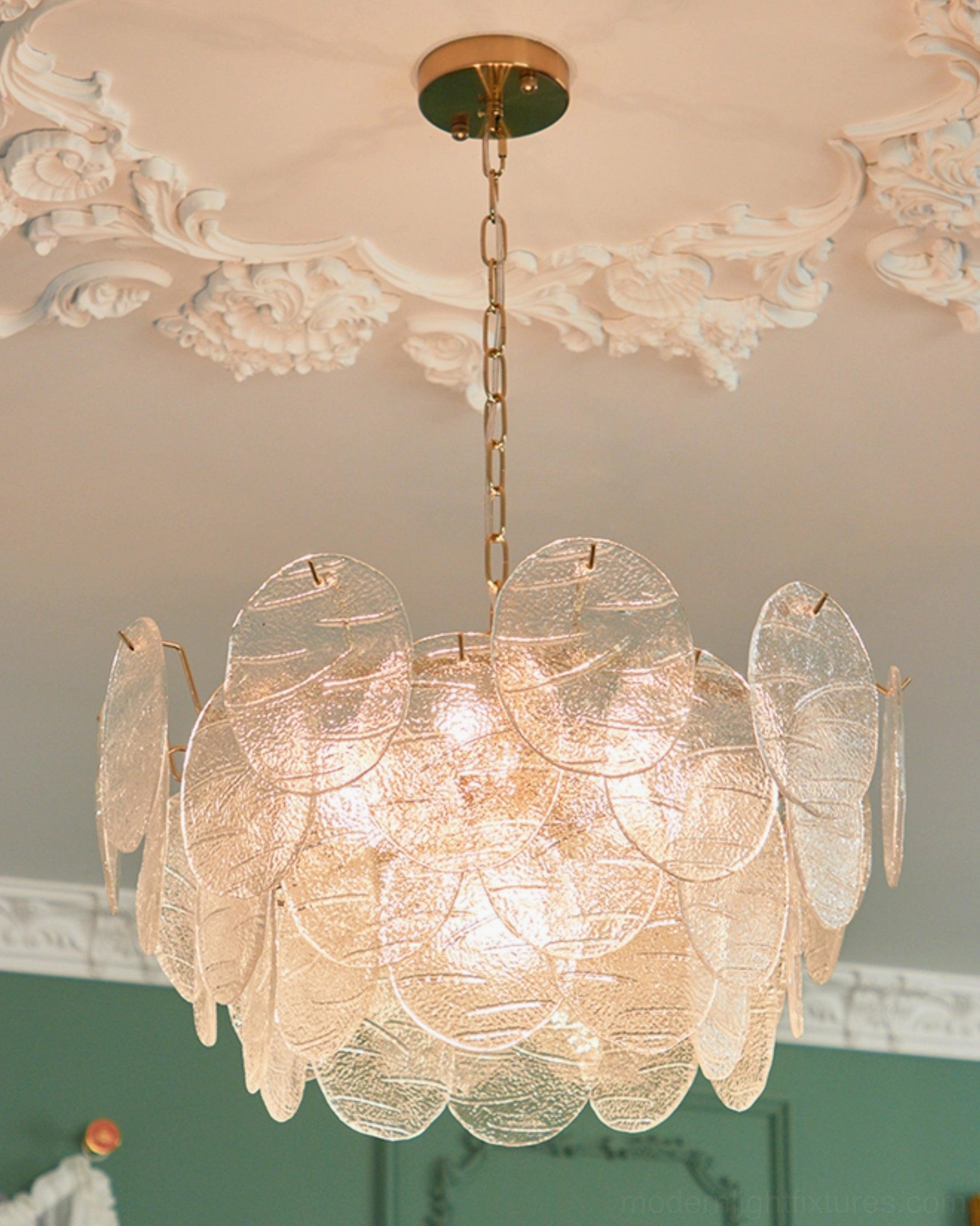 Polished brass disc Victorian glass chandelier modern Scandinavian interior design aesthetic