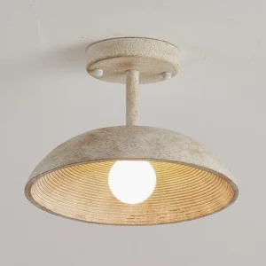 Cream textured bowl ceiling lamp close-up showing detailed ribbed interior and distressed finish - rustic farmhouse fixture