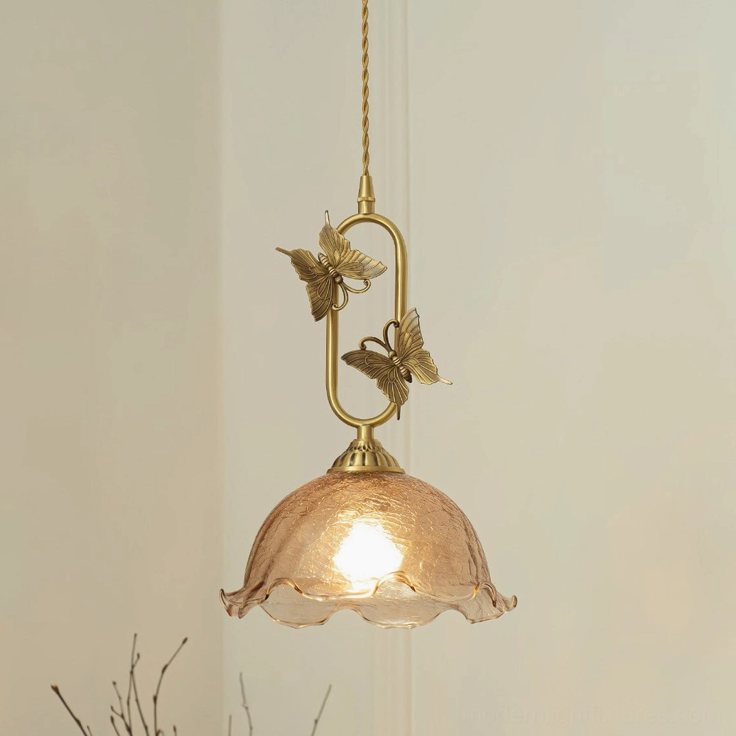 Medium dome amber crackle butterfly pendant light, 22cm curved wavy shade with vintage fractured glass effect