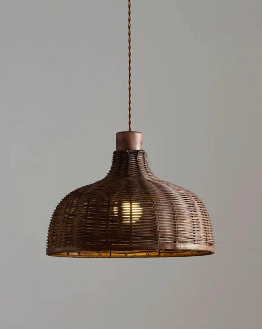 Dark walnut stained handwoven rattan dome bell pendant light with rounded silhouette, side angle view