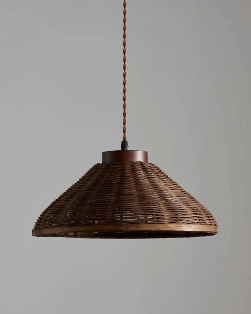 Rattan dome bell pendant light hanging from brown twisted cloth cord, full installation view