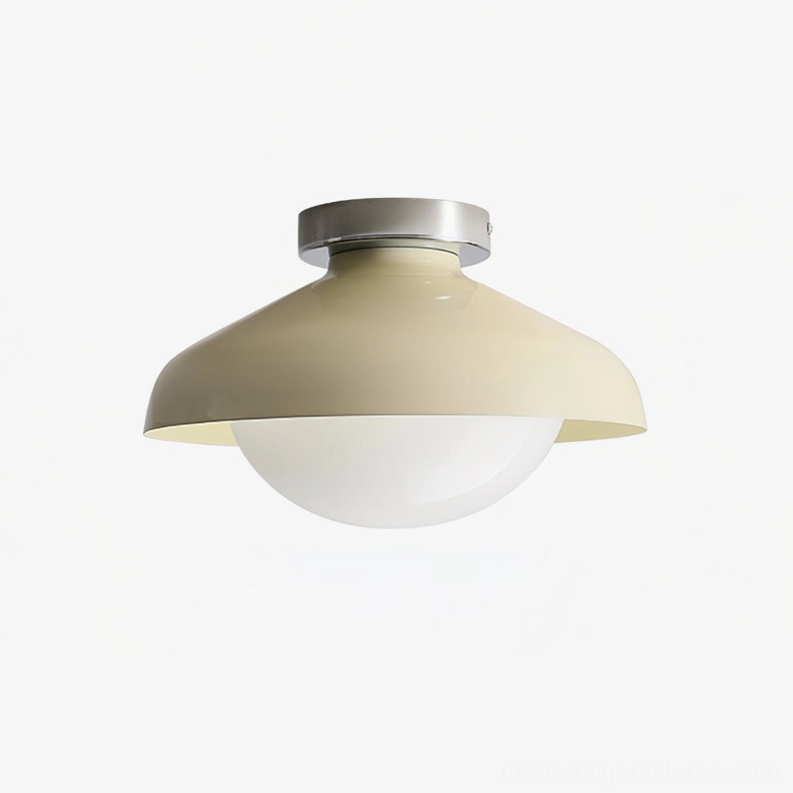 Contemporary beige dome semi-flush ceiling light with frosted white glass cover and silver metal base, product showcase