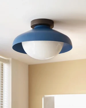 Contemporary minimalist dome ceiling fixture installed in modern home, top-down interior view showing navy blue shade and soft illumination