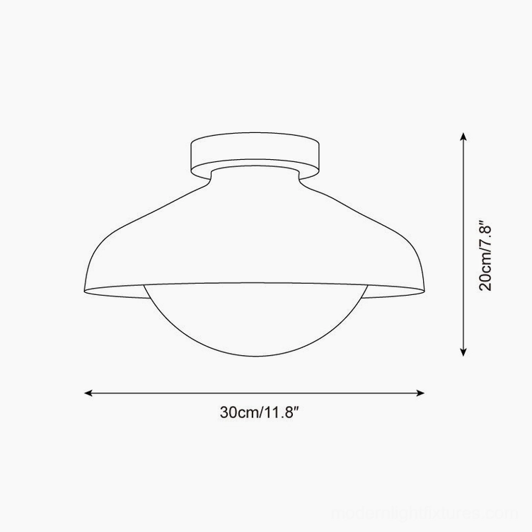 Modern dome ceiling light technical specifications diagram showing 30cm diameter and 20cm height dimensions
