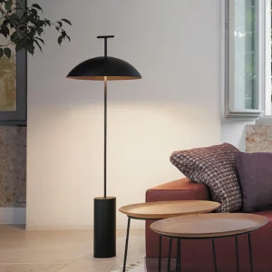 Black dome floor lamp in cozy modern living room beside terracotta sofa with warm ambient lighting