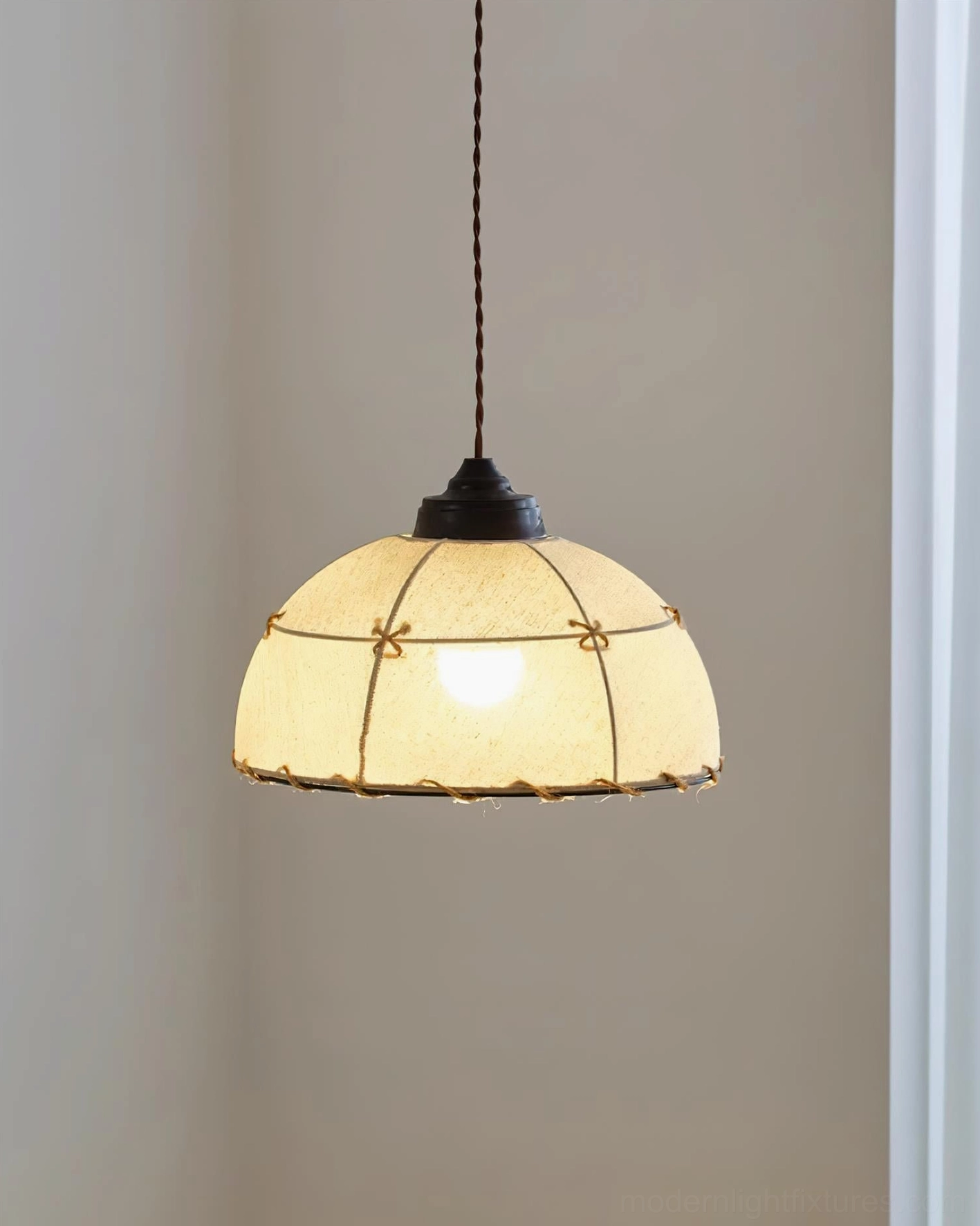Artisan fabric dome pendant lamp full view showing proportions and braided rope trim detailing, beige canvas with geometric pattern in contemporary interior space