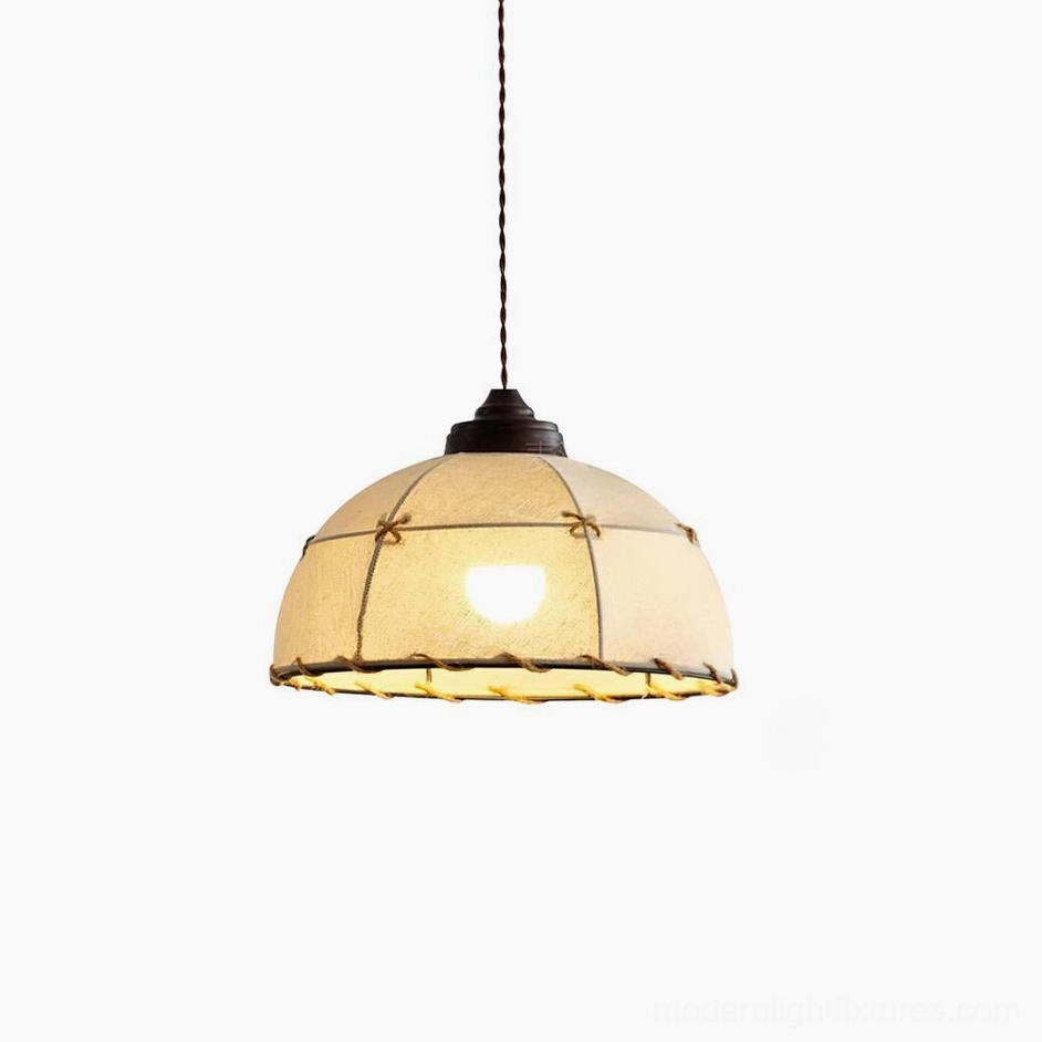 Walnut and white fabric pendant light fixture detail showing metal ceiling mount and suspension hardware, handcrafted canvas dome construction closeup