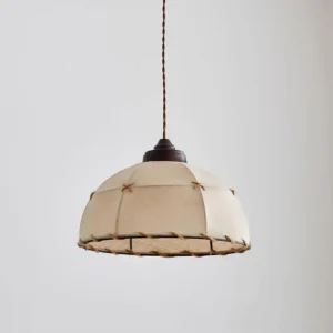 Dome Jari artisan pendant lamp overhead angle displaying stitched rope edge trim and dark metal ceiling fixture hardware, unlit fabric shade detail