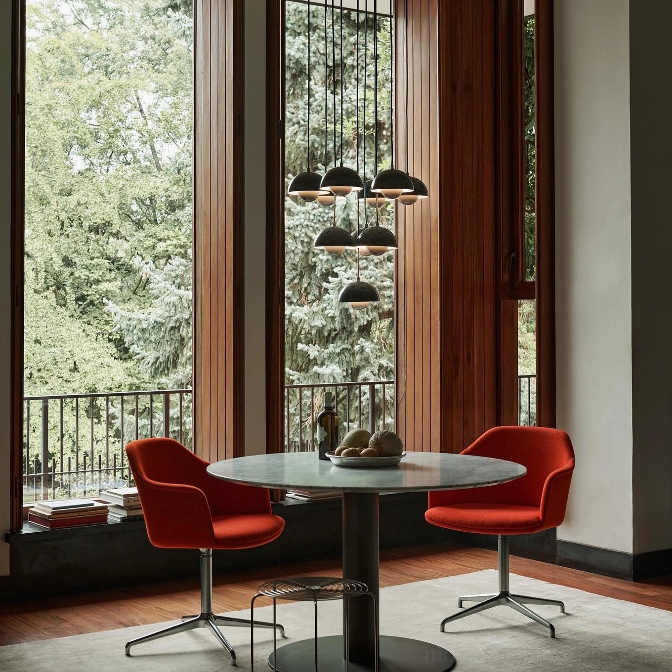 Contemporary multi-head dome pendant chandelier detail shot highlighting aluminum hemispherical shade construction and geometric arrangement