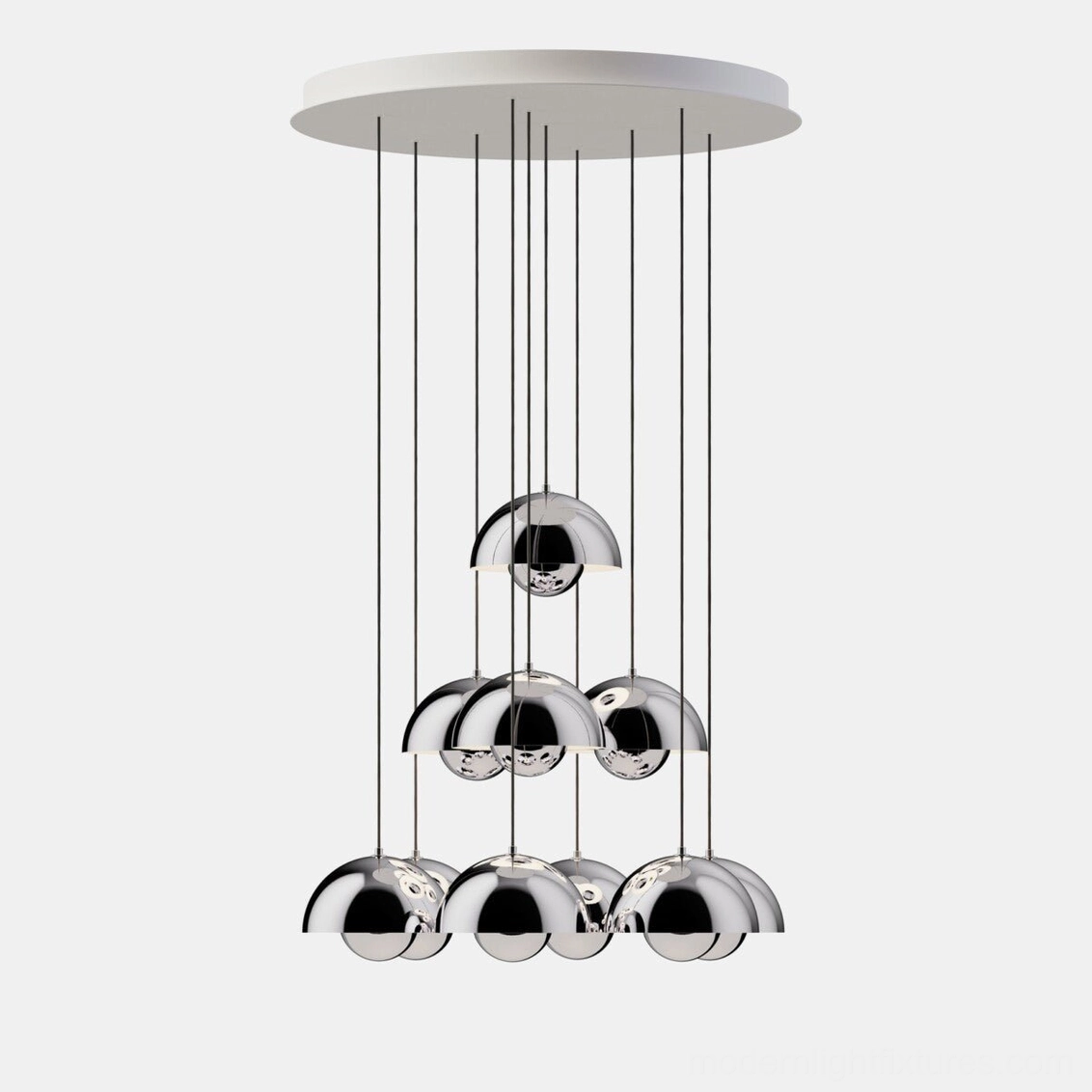 Dome pendant chandelier overhead angle showing stacked hemispherical aluminum construction and suspension system