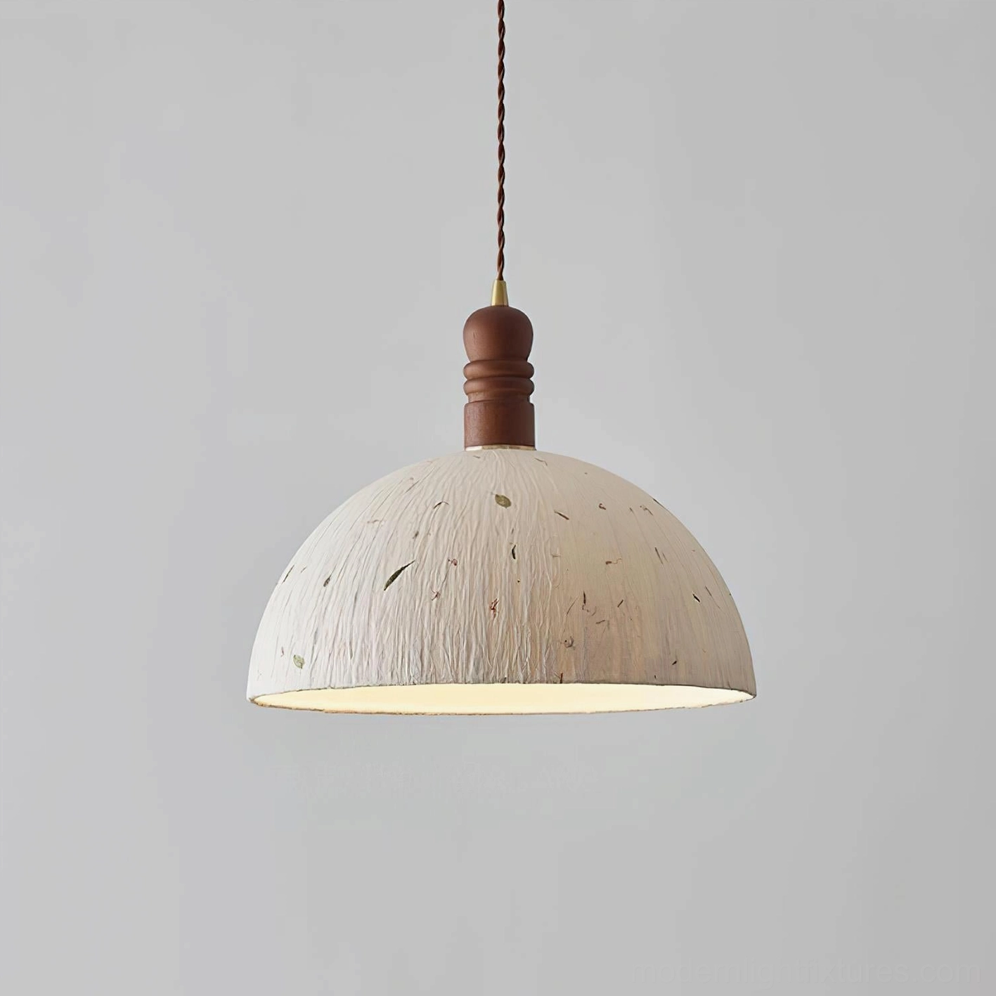 Speckled off-white dome pendant lamp showing bottom rim and wooden fixture detail, low angle view